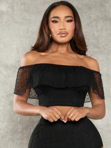 SHEIN SXY Off Shoulder Ruffle Trim Crop Top - Black - View 5