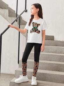 SHEIN Bộ áo thun và quần dài tay ngắn cổ tròn họa tiết gấu Tween Girl - Nhiều màu - Xem 5