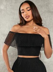 SHEIN SXY Off Shoulder Ruffle Trim Crop Top - Black - View 7