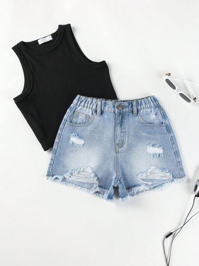 SHEIN Teen Girl Ripped Raw Hem Denim Shorts