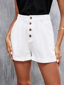 SHEIN Frenchy Quần đùi nữ Túi Nút phía trước màu trơn Giải trí - trắng - Xem 4