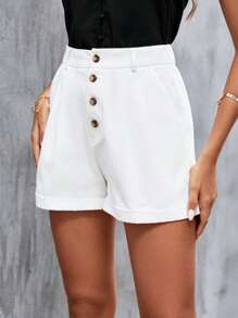 SHEIN Frenchy Quần đùi nữ Túi Nút phía trước màu trơn Giải trí - trắng - Xem 5