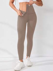 Easithlete Móc và mắt Dây thắt lưng Eo Quần Xà cạp thể thao - Cà phê nâu - Xem 2