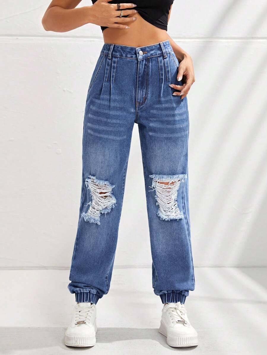SHEIN EZwear Solid Ripped Jeans - Medium Wash - View 1
