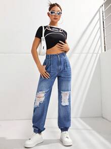 SHEIN EZwear Solid Ripped Jeans - Medium Wash - View 3