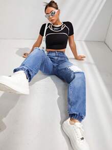 SHEIN EZwear Solid Ripped Jeans - Medium Wash - View 4