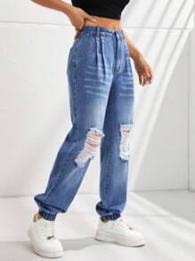 SHEIN EZwear Solid Ripped Jeans - Medium Wash - View 5