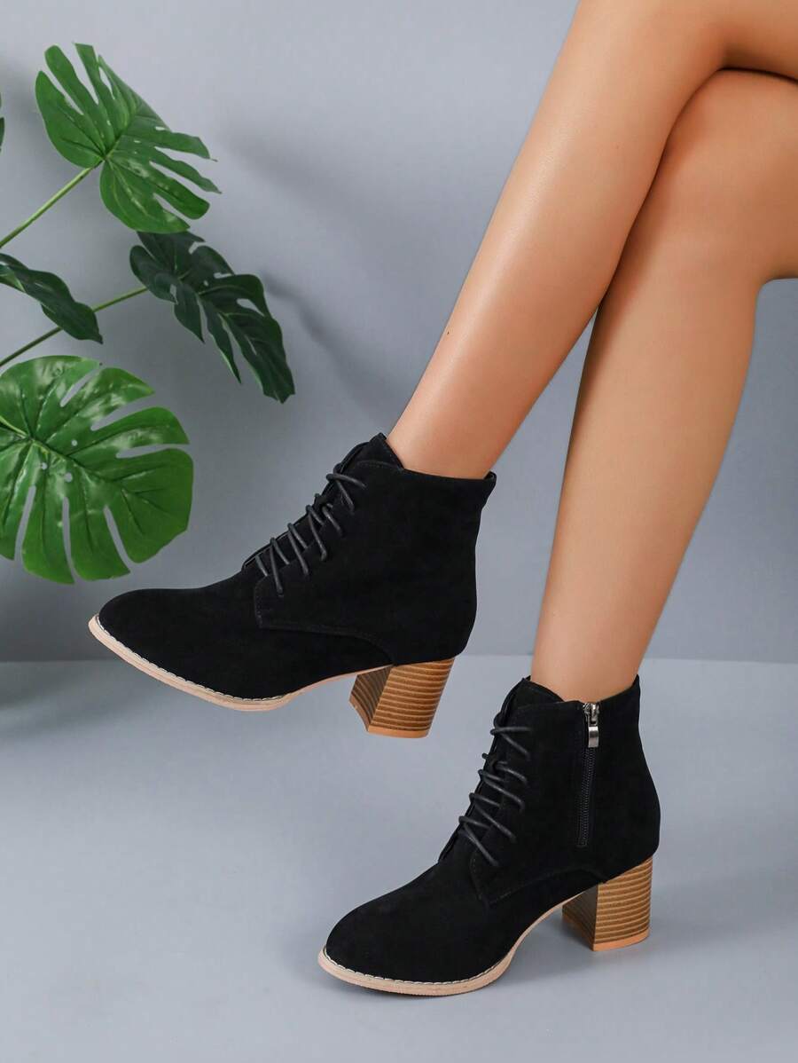 優雅黑色靴子適合女士,極簡側拉鍊仿麂皮粗跟靴子