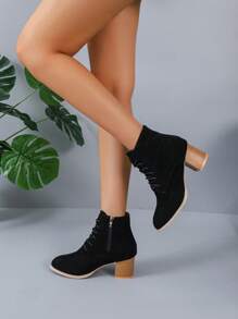 優雅黑色靴子適合女士,極簡側拉鍊仿麂皮粗跟靴子
