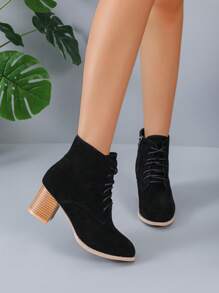 優雅黑色靴子適合女士,極簡側拉鍊仿麂皮粗跟靴子