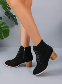 優雅黑色靴子適合女士,極簡側拉鍊仿麂皮粗跟靴子