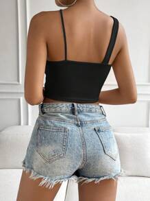 SHEIN Essnce Chất rắn Cổ không đối xứng Top Cây trồng - màu đen - Xem 2