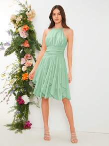 SHEIN Belle 1入組素色褶邊繞頸伴娘連衣裙 - 薄荷綠 - 查看 1
