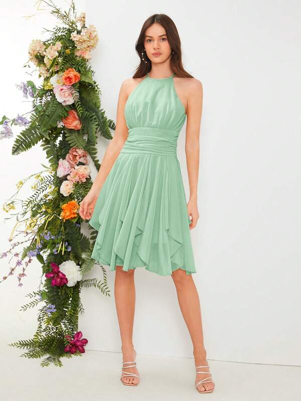 SHEIN Belle 1pc Solid Ruched Halter Neck Bridesmaid Dress Elegant Prom Semi Formal Wedding Guest Dress, For Birthday, Graduation, Homecoming Party Dress