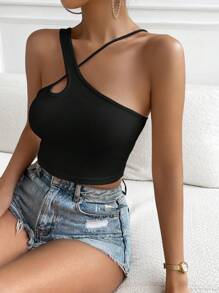 SHEIN Essnce Chất rắn Cổ không đối xứng Top Cây trồng - màu đen - Xem 6