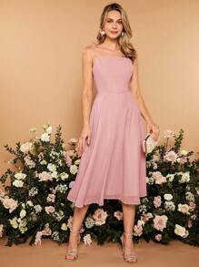 SHEIN Belle 纯色系带背心式伴娘礼服优雅连衣裙 - 藕粉色 - 查看 3