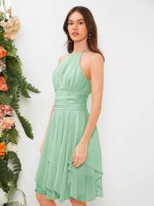 SHEIN Belle 1入組素色褶邊繞頸伴娘連衣裙 - 薄荷綠 - 查看 6