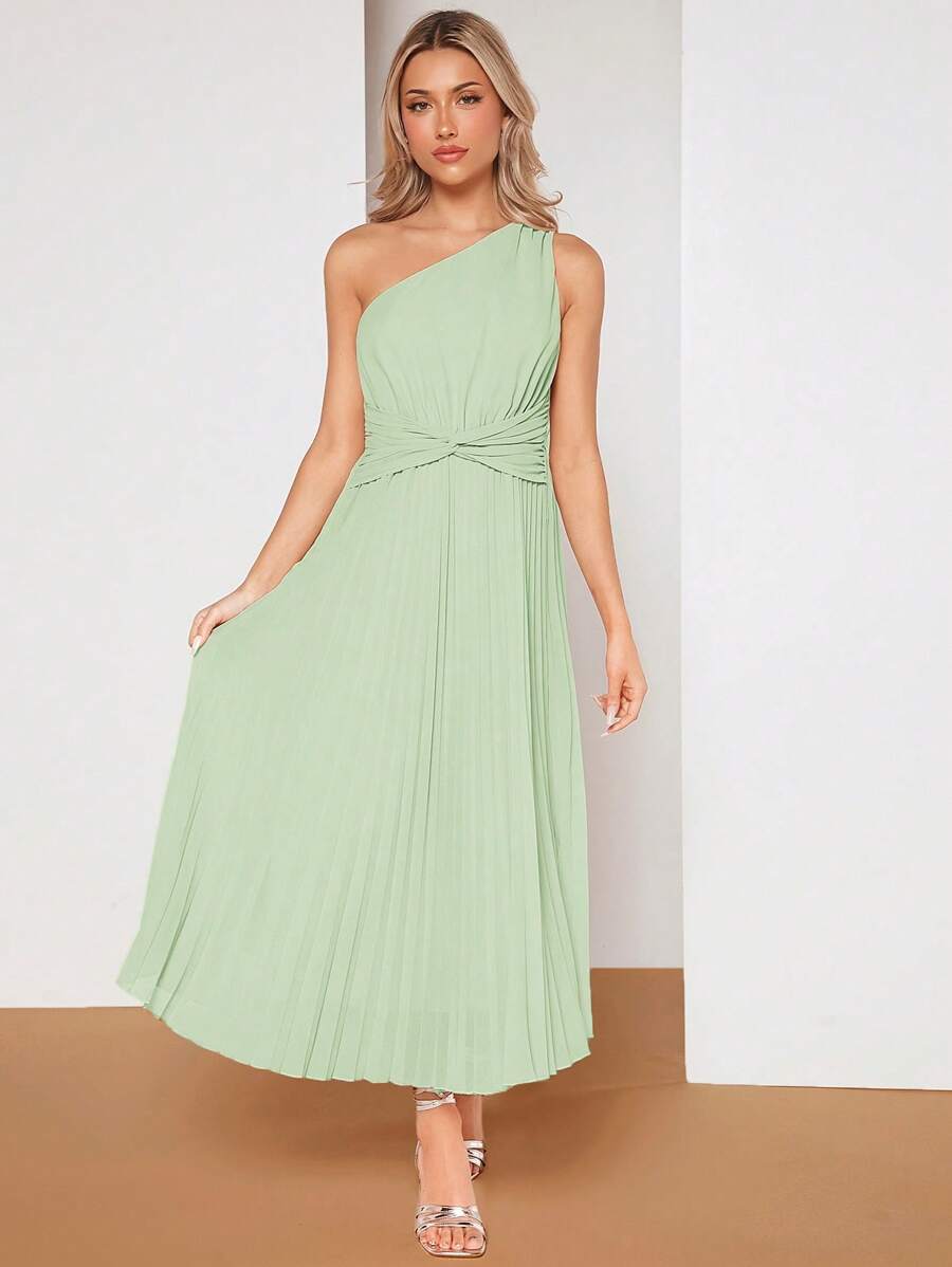 SHEIN Belle 單肩前扭結百褶下擺連衣裙 - 薄荷綠 - 查看 1