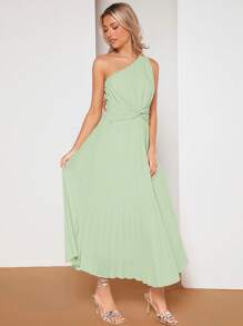 SHEIN Belle 單肩前扭結百褶下擺連衣裙 - 薄荷綠 - 查看 3