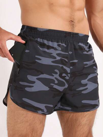 GymBeat 男士迷彩印花運動短褲帶手機袋