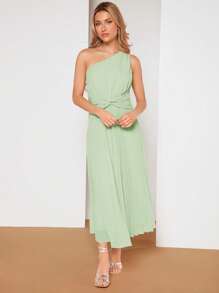 SHEIN Belle 單肩前扭結百褶下擺連衣裙 - 薄荷綠 - 查看 6