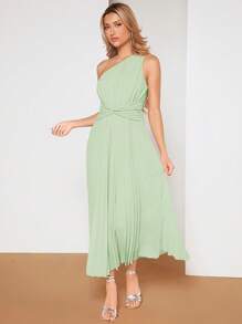 SHEIN Belle 單肩前扭結百褶下擺連衣裙 - 薄荷綠 - 查看 7