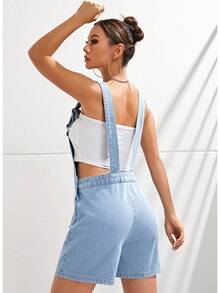 SHEIN EZwear Raw Hem Denim Dungaree Romper Without Tube Top - Light Wash - View 2