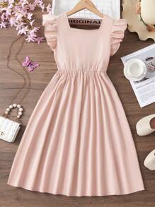 Tween Girl Square Neck Ruffle Trim Dress - Dusty Pink - View 1