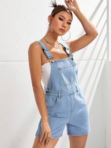 SHEIN EZwear Raw Hem Denim Dungaree Romper Without Tube Top - Light Wash - View 4