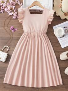 Tween Girl Square Neck Ruffle Trim Dress - Dusty Pink - View 2