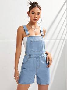 SHEIN EZwear Raw Hem Denim Dungaree Romper Without Tube Top - Light Wash - View 5