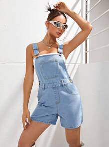 SHEIN EZwear Raw Hem Denim Dungaree Romper Without Tube Top - Light Wash - View 1