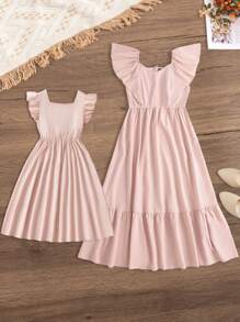 Tween Girl Square Neck Ruffle Trim Dress - Dusty Pink - View 5