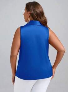 SHEIN Clasi Talla grande Blusa de cuello esmoquin fruncido lateral cruzado de satén - azul real - Ver 2