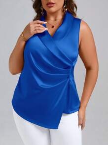 SHEIN Clasi Talla grande Blusa de cuello esmoquin fruncido lateral cruzado de satén - azul real - Ver 3