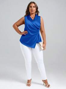 SHEIN Clasi Talla grande Blusa de cuello esmoquin fruncido lateral cruzado de satén - azul real - Ver 4