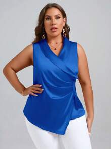 SHEIN Clasi Talla grande Blusa de cuello esmoquin fruncido lateral cruzado de satén - azul real - Ver 6