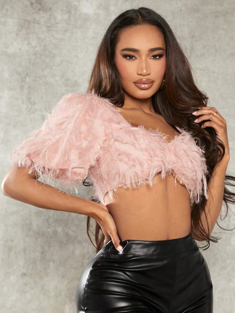 SHEIN SXY 泡泡袖毛茸茸短款上衣 - 淺粉色 - 查看 1