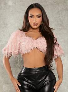 SHEIN SXY 泡泡袖毛茸茸短款上衣 - 淺粉色 - 查看 3