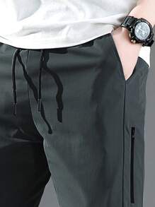 Manfinity Homme Men Drawstring Waist Slant Pocket Pants - Dark Green - View 3