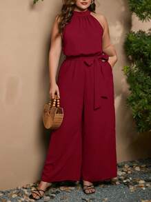 SHEIN LUNE 大碼素色腰帶繞頸連體褲