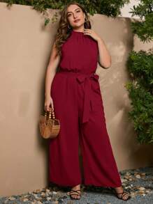 SHEIN LUNE 大碼素色腰帶繞頸連體褲