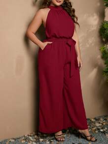 SHEIN LUNE 大碼素色腰帶繞頸連體褲