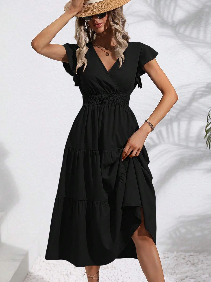 SHEIN VCAY áo tay bướm Xù Hoa Sen Đầm - màu đen - Xem 1