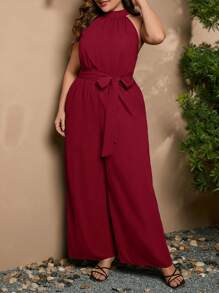 SHEIN LUNE 大碼素色腰帶繞頸連體褲