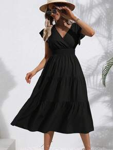 SHEIN VCAY Butterfly Sleeve Ruffle Hem Dress - Black - View 3