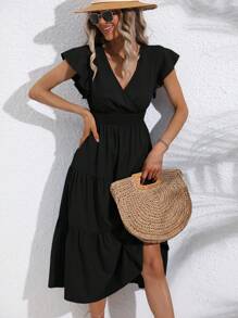 SHEIN VCAY Butterfly Sleeve Ruffle Hem Dress - Black - View 4