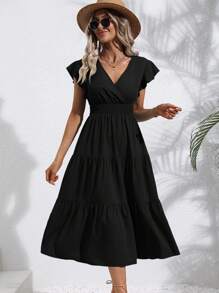 SHEIN VCAY Butterfly Sleeve Ruffle Hem Dress - Black - View 6