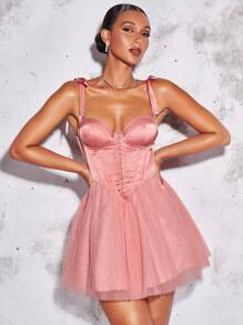 SHEIN BAE Cà vạt vai Lớp phủ lưới Váy yếm ôm sát ngực - Màu Hồng  San hô - Xem 4