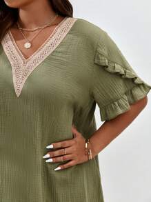 SHEIN Frenchy 大碼蕾絲拼接荷葉邊連衣裙 - 綠色 - 查看 3